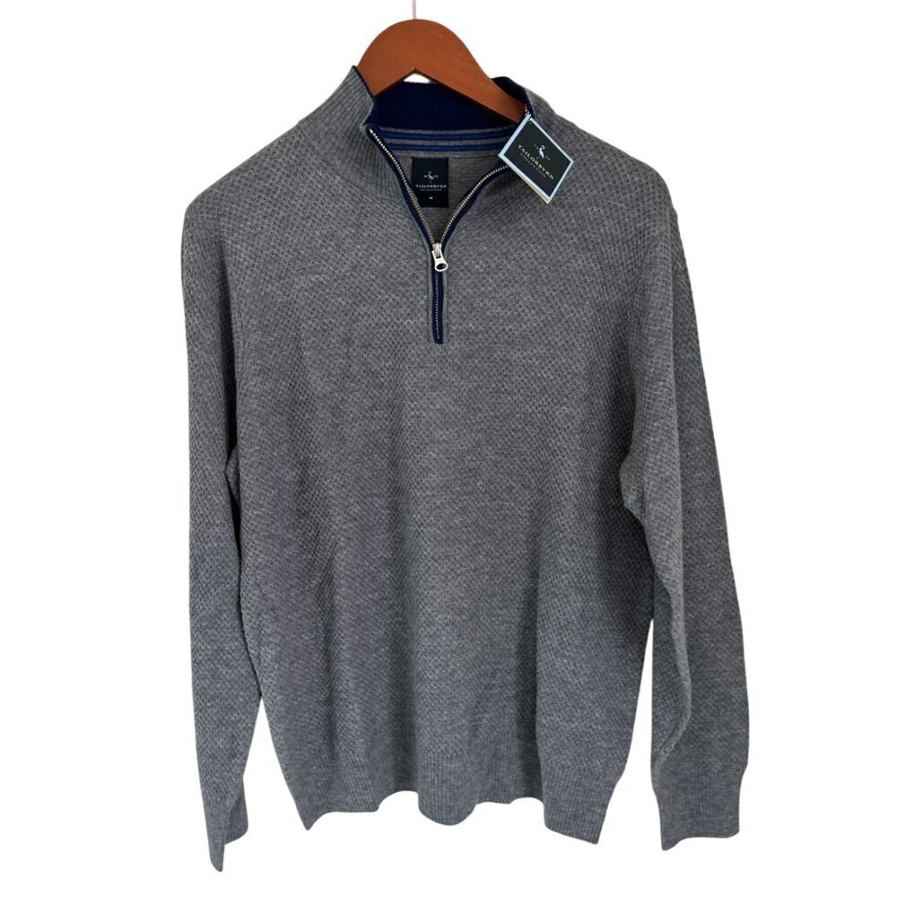 Tailorbyrd Cotton Textured Waffle Quarter-Zip Pullover Gray Size Med